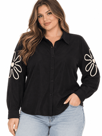 PLUS SIZE LONG SLEEVE BUTTON UP EMBROIDERY DETAILED BLOUSE
