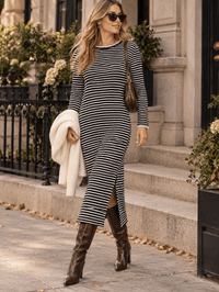 WOMEN'S LONG SLEEVE SIDE SLIT COLORBLOCK STRIPES MAXI DRESS