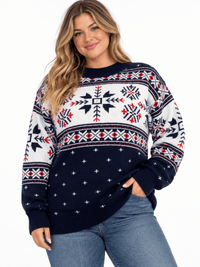 PLUS SIZE LONG SLEEVE HOLIDAY PRINT PULLOVER SWEATER