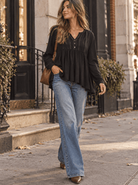 WOMEN'S LONG SLEEVE V-NECK BUTTON CLOSURE TUNIC TOP