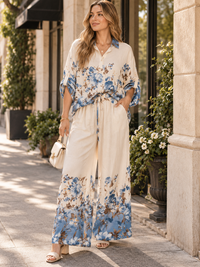 WOMEN'S 3/4 SLEEVE BUTTON UP BLOUSE & ELASTIC WAIST WIDE LEG PANTS FLORAL 2PC. SET
