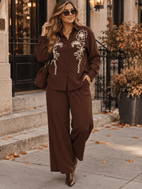 WOMEN'S LONG SLEEVE BUTTON UP BLOUSE & ELASTIC WAIST WIDE LEG PANTS EMBROIDERY DETAILED 2PC. SET