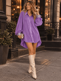 WOMEN'S LONG SLEEVE STUDS DETAILED BUTTON UP HIGH-LOW RIBBED MINI DRESS