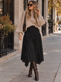WOMEN'S SMOCK WAIST RUFFLE DETAILED MIDI SKIRT