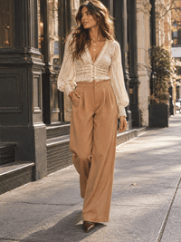 WOMEN'S BUTTON CLOSURE ELASTIC WAIST FRONT POCKETS WIDE LEG PANTS