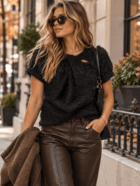 ENTRO WOMEN'S SHORT SLEEVE FRONT CUT OUT FUZZY BLOUSE
