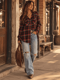 WOMEN'S LONG SLEEVE V-NECK BUTTON CLOSURE FRONT POCKET PLAID SHIRT