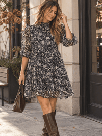 WOMEN'S SHORT SLEEVE SMOCK TUNIC FLORAL PRINT MINI DRESS