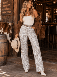 WOMEN'S BUTTON CLOSURE FRONT POCKETS WIDE LEG SEQUINS PANTS