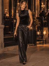 WOMEN'S SLEEVELESS MOCK NECK RHINESTONES TRIM DETAILED VELVET BLOUSE