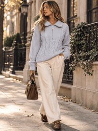 WOMEN'S LONG SLEEVE ZIP UP CABLE KNIT PULLOVER SWEATER