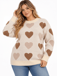 PLUS SIZE LONG SLEEVE HEARTS PRINT PULLOVER COLORBLOCK SWEATER