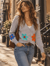 WOMEN'S LONG SLEEVE V-NECK BUTTON UP CROCHET FLOWERS SWEATER