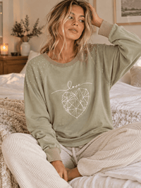 WOMEN'S LONG SLEEVE LOVE HEART PRINT RHINESTONES PULLOVER SWEATER