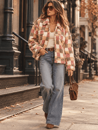 WOMEN'S LONG SLEEVE BUTTON CLOSURE FRONT POCKET PLAID SHERPA JACKET