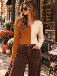 WOMEN'S LONG SLEEVE V-NECK BUTTON UP COLORBLOCK RIBBED SWEATER TOP