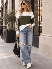WOMEN'S LONG SLEEVE ANIMAL PRINT COLORBLOCK LOOSE FIT TOP