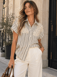 WOMEN'S SHORT SDJUSTABLE SLEEVE BUTTON UP RHINESTONES DETAILED STRIPES BLOUSE