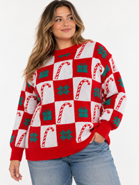 PLUS SIZE LONG SLEEVE HOLIDAY PRINT PULLOVER SWEATER