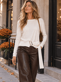 WOMEN'S LONG SLEEVE BUTTON FRONT BELT BLOUSE