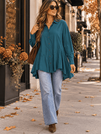 ENTRO WOMEN'S LONG SLEEVE BUTTON UP PEPLUM BLOUSE