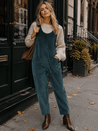 WOMEN'S SLEEVELESS FRONT POCKETS WIDE LEG CORDUROY JUMPSUIT