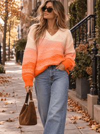 WOMEN'S LONG SLEEVE V-NECK KNIT PULLOVER COLORBLOCK SWEATER
