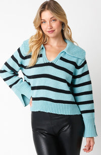 WOMEN'S LONG SLEEVE V-NECK COLORBLOCK STRIPES PULLOVER SWEATER
