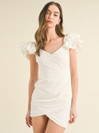 WOMEN'S SHORT RUFFLE SLEEVE SURPLICE BODYCON MINI DRESS