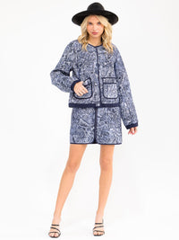 WOMEN'S LONG SLEEVE JACKET & ZIP UP MINI SKIRT MULTI PRINT PADDED 2PC. SET