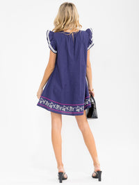 WOMEN'S RUFFLE SLEEVE TUNIC EMBROIDERY LINEN MINI DRESS
