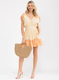 WOMEN'S SLEEVELESS FRONT POCKETS SMOCK WAIST TUNIC COLORBLOCK MINI DRESS