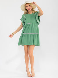 WOMEN'S SHORT RUFFLE SLEEVE FRONT POCKETS TUNIC EYELET TRIM LINEN MINI DRESS