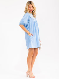 WOMEN'S SHORT PUFF SLEEVE FRONT POCKETS EMBROIDERY DETAILED TUNIC MINI DRESS