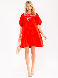 WOMEN'S SHORT PUFF SLEEVE FRONT POCKETS EMBROIDERY DETAILED TUNIC MINI DRESS