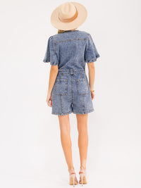 WOMEN'S SHORT SLEEVES BUTTON UP POCKETS WASHED DENIM ROMPER