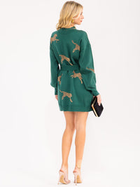 WOMEN'S LONG SLEEVE ANIMAL PRINT BELTED SWEATER MINI DRESS