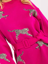 WOMEN'S LONG SLEEVE ANIMAL PRINT BELTED SWEATER MINI DRESS