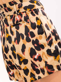 WOMEN'S BUTTON CLOSURE SELF TIE POCKETS ANIMAL PRINT MINI SHORTS