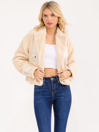 WOMEN'S LONG SLEEVE ZIP UP FRONT POCKETS SHERPA CONTRAST JACKET