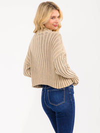 WOMEN'S LONG BELL SLEEVE MOCK NECK RIBBED PULLOVER SWEATER