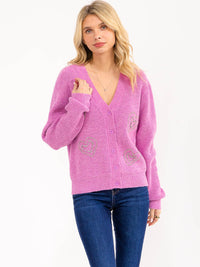 WOMEN'S LONG SLEEVE BUTTON UP STUDS KNIT SWEATER