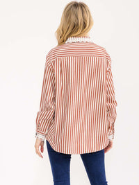 WOMEN'S LONG SLEEVE BUTTON UP FRONT POCKETS STRIPES DENIM TOP
