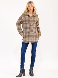 WOMEN'S LONG SLEEVE BUTTON CLOSURE FRONT POCKETS PLAID SHACKET
