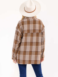 WOMEN'S LONG SLEEVE BUTTON CLOSURE FRONT POCKETS PLAID SHACKET