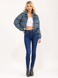 WOMEN'S LONG SLEEVE ZIP UP FRONT POCKETS FLORAL PUFFER JACKET