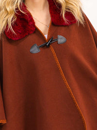 WOMEN'S BUTTON CLOSURE FAUX FUR COLLAR WRAP PONCHO
