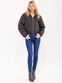 WOMEN'S LONG SLEEVE ZIPPER CLOSURE FRONT POCKETS REMOVABLE HOODIE BOMBER JACKET