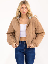 WOMEN'S LONG SLEEVE ZIPPER CLOSURE FRONT POCKETS REMOVABLE HOODIE BOMBER JACKET