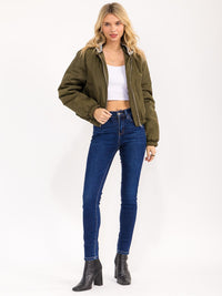 WOMEN'S LONG SLEEVE ZIPPER CLOSURE FRONT POCKETS REMOVABLE HOODIE BOMBER JACKET